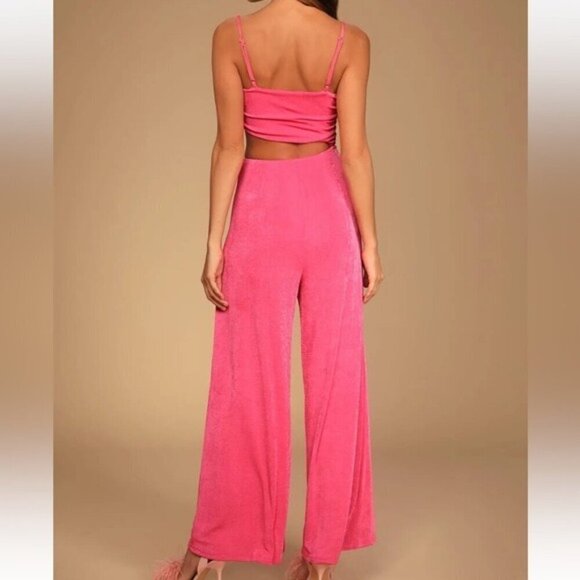 Lulus Timely Trends Hot Pink Asymmetrical Cutout Wide-Leg Jumpsuit NEW SIZE XL - Picture 2 of 6